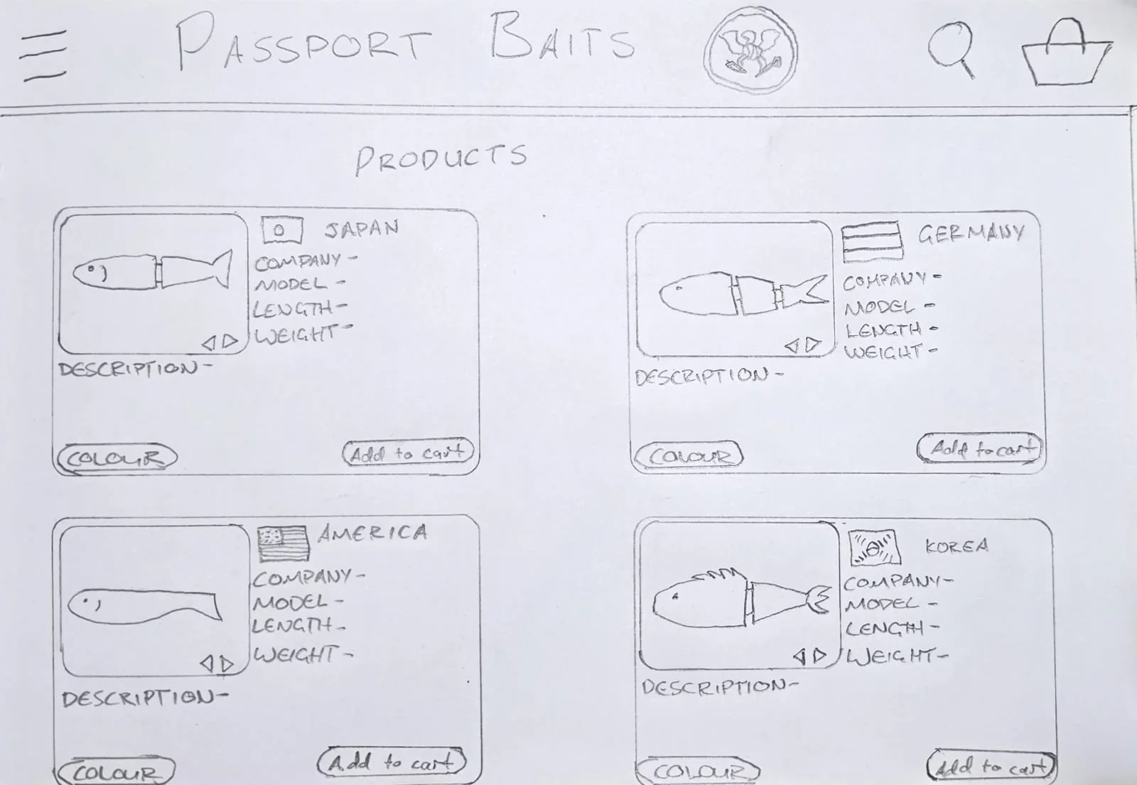 Passport Baits founder's hand-drawn storefront and product interface