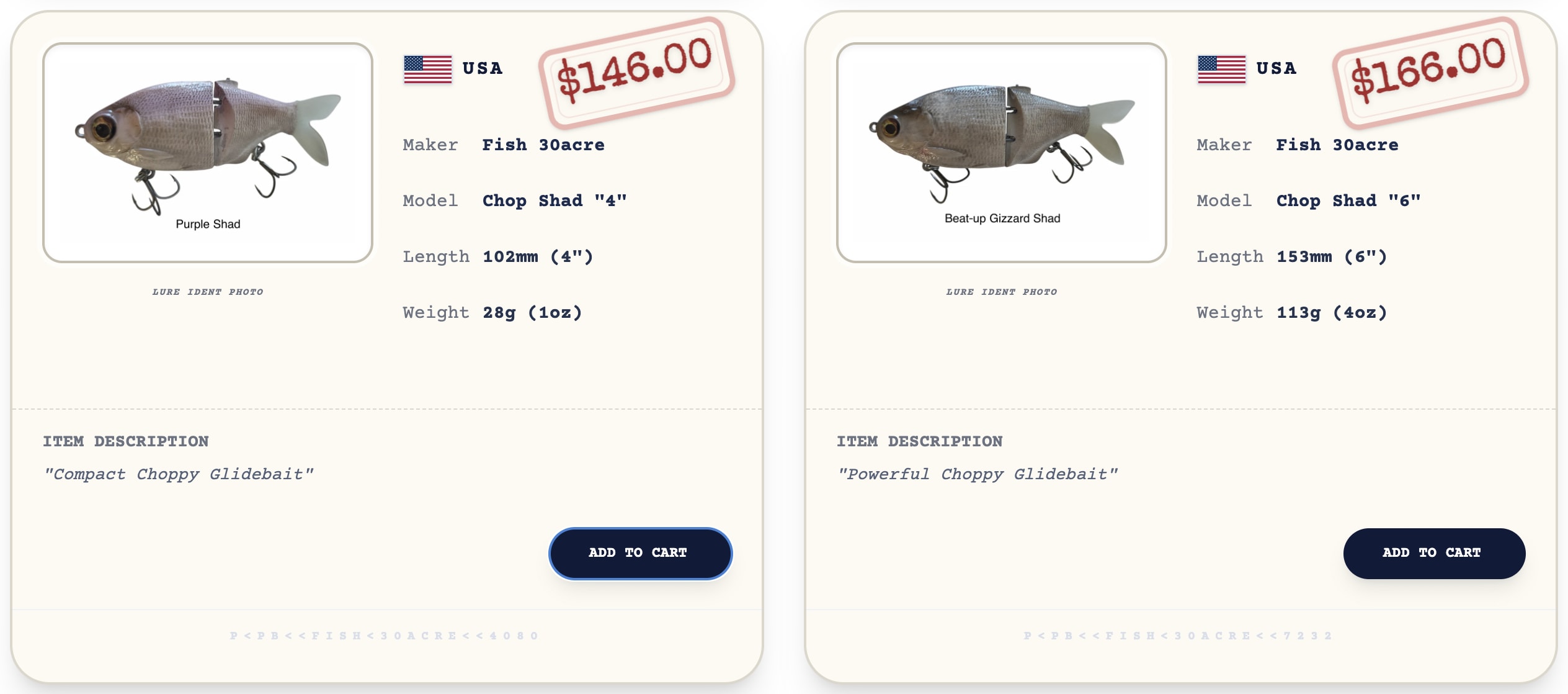 Passport-style product cards, attributes and purchase controls in the actual Passport Baits storefront