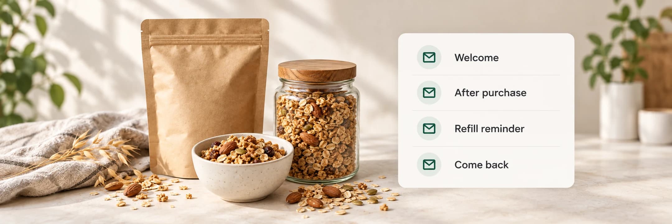 Illustrative food-brand messaging from welcome to post-purchase guidance and reorder reminders