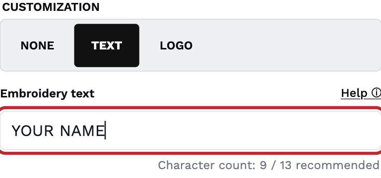 Custom-order app text or logo selection and embroidery text entry