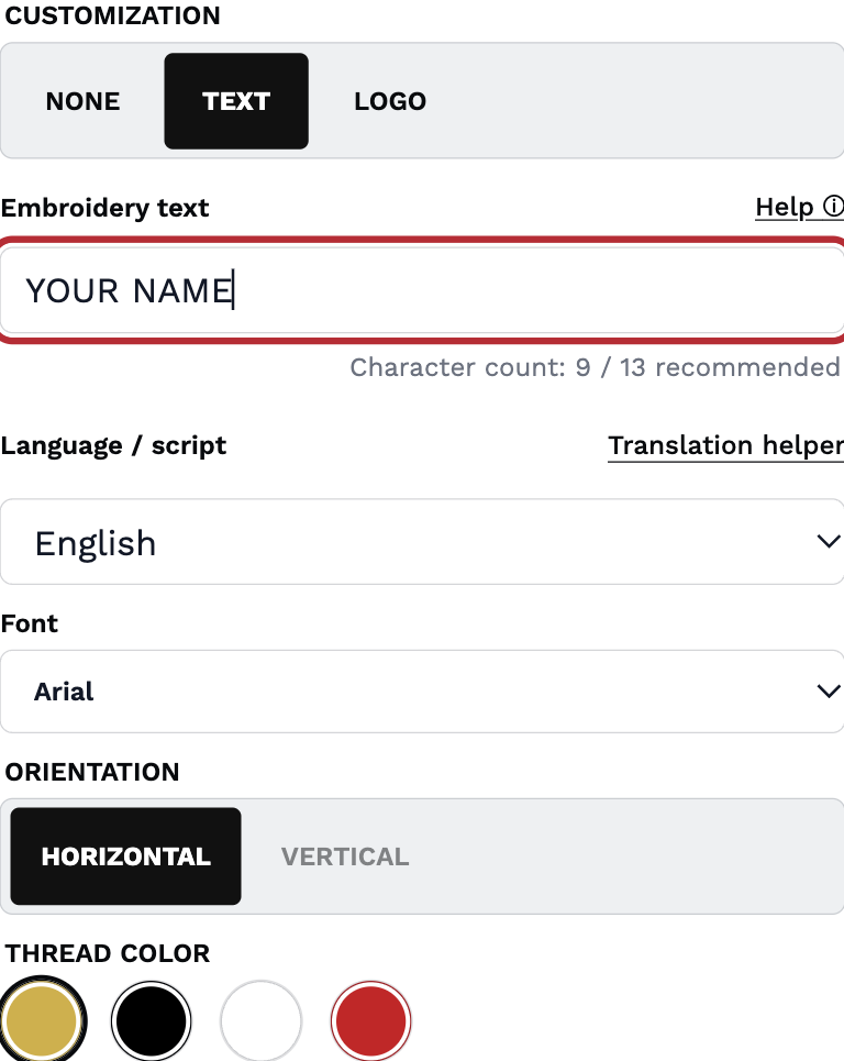 Custom-order app controls for embroidery text or logo, language and font