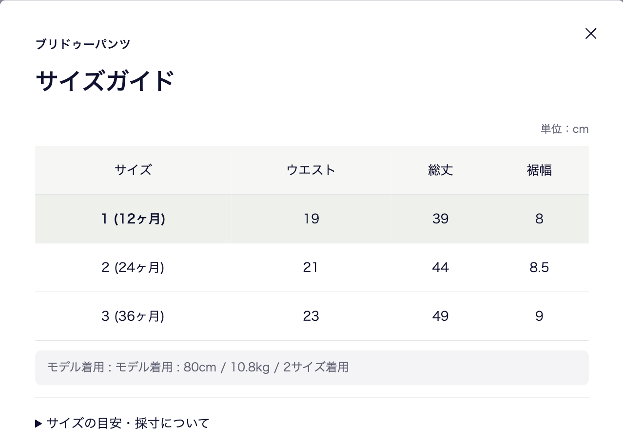 Japanese size guide with waist, length and hem-width measurements plus model fit information